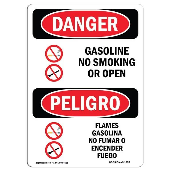 OSHA, Gasoline No Smoking Or Open Flames Bilingual, 14in X 10in Rigid Plastic, 10